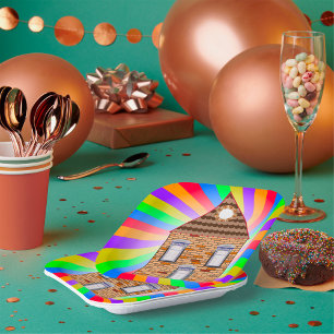 Farbenfrohe Psychedelic Brick House Rainbow Design Pappteller