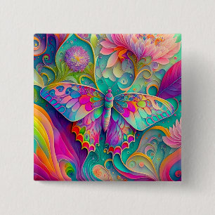 Farbenfrohe Psychedelic Butterfly und Blume Button