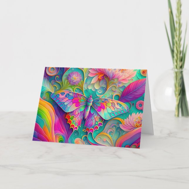 Farbenfrohe Psychedelic Butterfly und Blume Karte (Vorderseite)