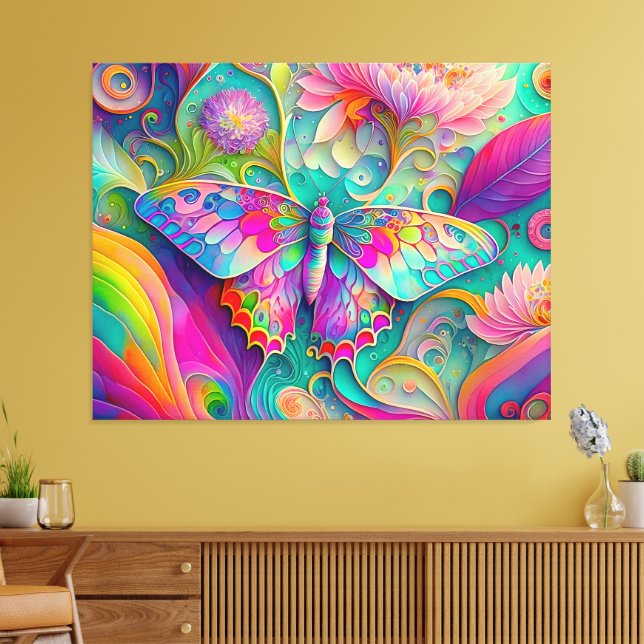 Farbenfrohe Psychedelic Butterfly und Blume Leinwanddruck (Insitu (Wohnzimmer))