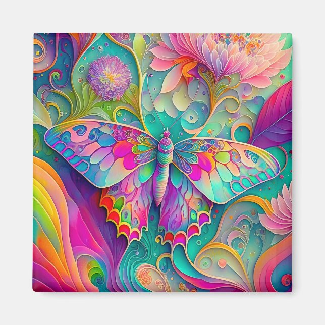 Farbenfrohe Psychedelic Butterfly und Blume Magnet (Vorne)