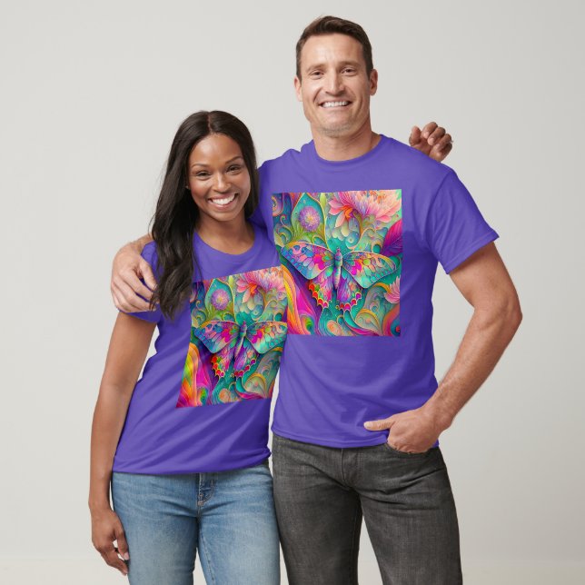 Farbenfrohe Psychedelic Butterfly und Blume T-Shirt (Unisex)
