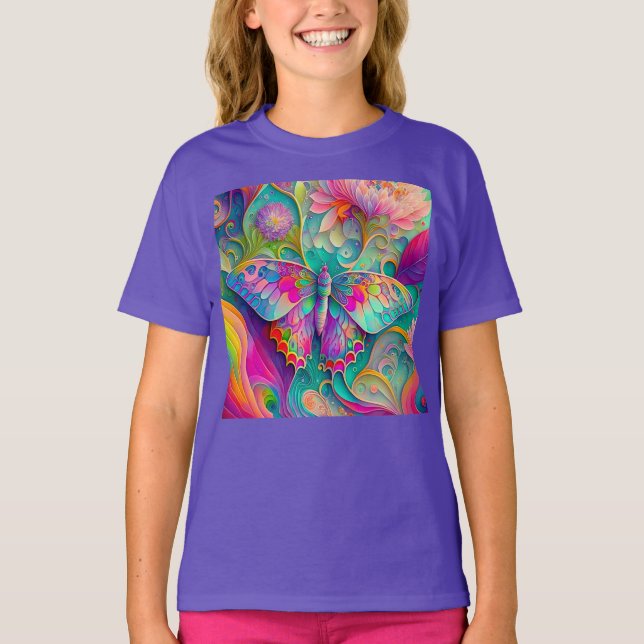 Farbenfrohe Psychedelic Butterfly und Blume T-Shirt (Vorderseite)