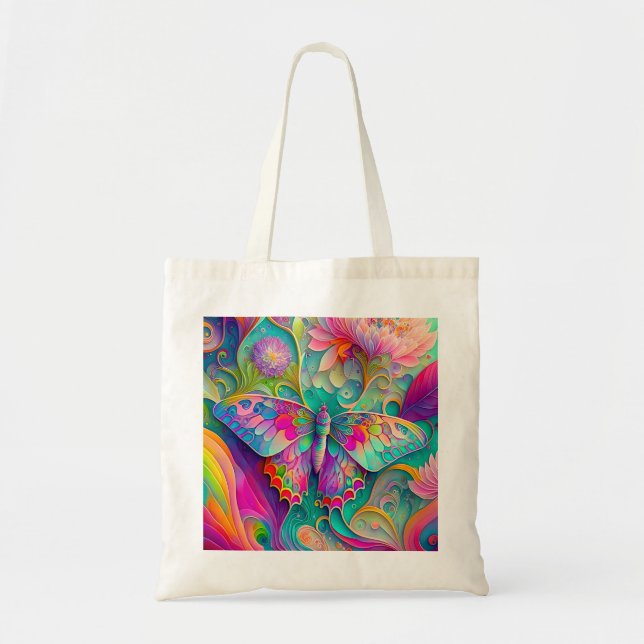 Farbenfrohe Psychedelic Butterfly und Blume Tragetasche (Vorne)