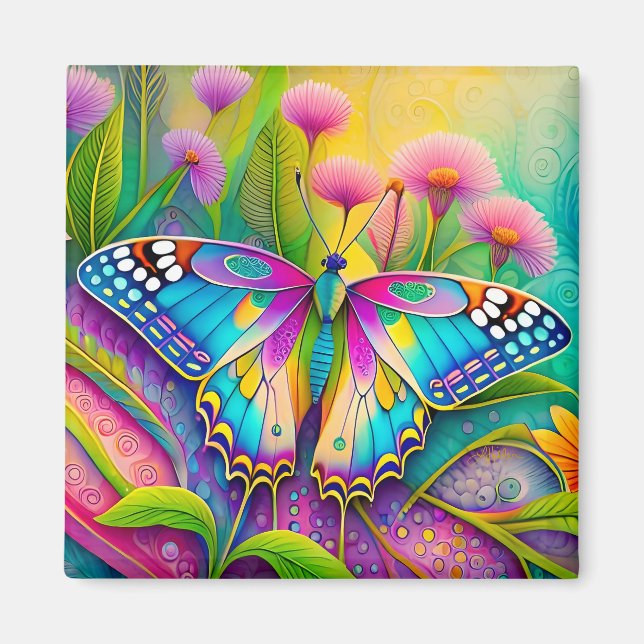 Farbenfrohe Psychedelic Butterfly und Wildblumen Magnet (Vorne)