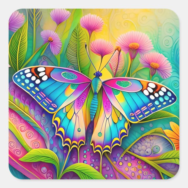 Farbenfrohe Psychedelic Butterfly und Wildblumen Quadratischer Aufkleber (Vorderseite)