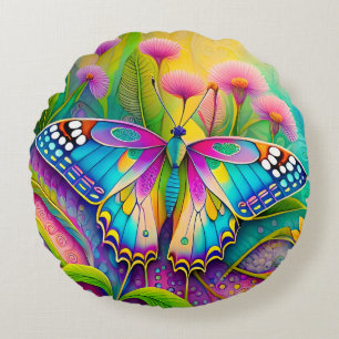 Farbenfrohe Psychedelic Butterfly und Wildblumen Rundes Kissen
