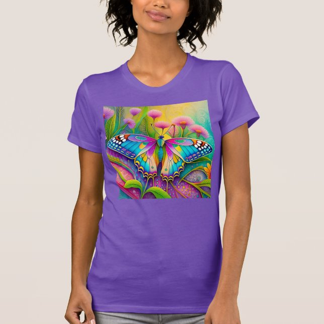 Farbenfrohe Psychedelic Butterfly und Wildblumen T-Shirt (Vorderseite)