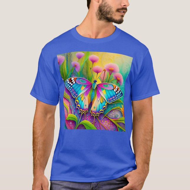 Farbenfrohe Psychedelic Butterfly und Wildblumen T-Shirt (Vorderseite)