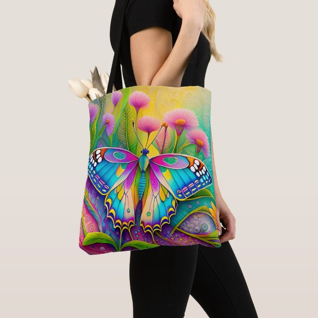 Farbenfrohe Psychedelic Butterfly und Wildblumen Tasche (Von Nahem)