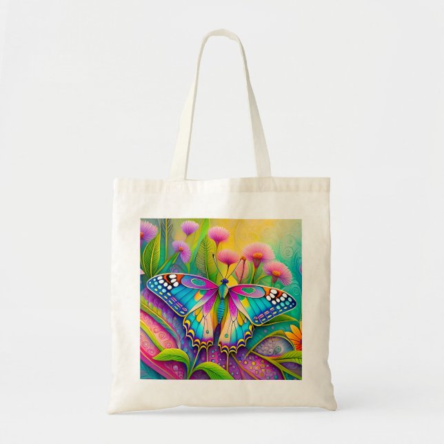 Farbenfrohe Psychedelic Butterfly und Wildblumen Tragetasche (Vorne)