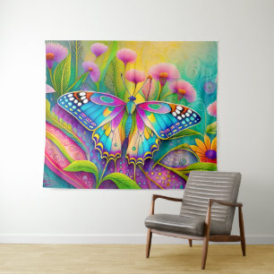 Farbenfrohe Psychedelic Butterfly und Wildblumen Wandteppich