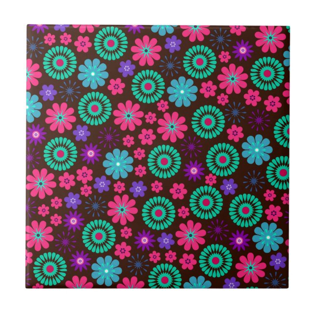 Farbenfrohe Psychedelic Funky Blume Pattern Fliese (Vorderseite)