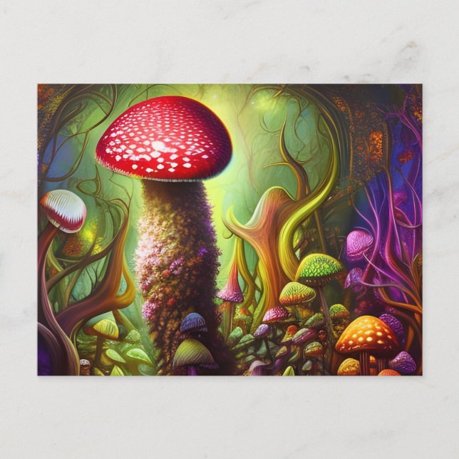 Farbenfrohe Psychedelic Mushroom Mystical Forest Postkarte (Vorderseite)