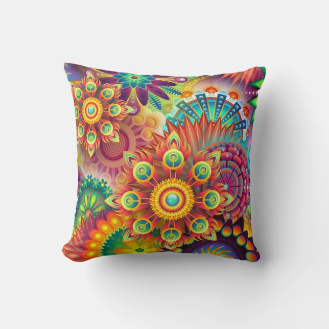 Farbenfrohe psychedelische Abstrakte Blumenmuster Kissen (Vorderseite)