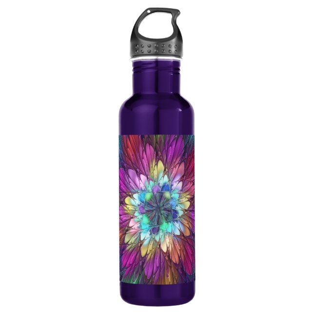 Farbenfrohe Psychedelische Blume Abstraktes Frakta Edelstahlflasche (Vorderseite)