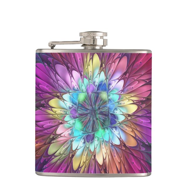Farbenfrohe Psychedelische Blume Abstraktes Frakta Flachmann (Vorderseite)