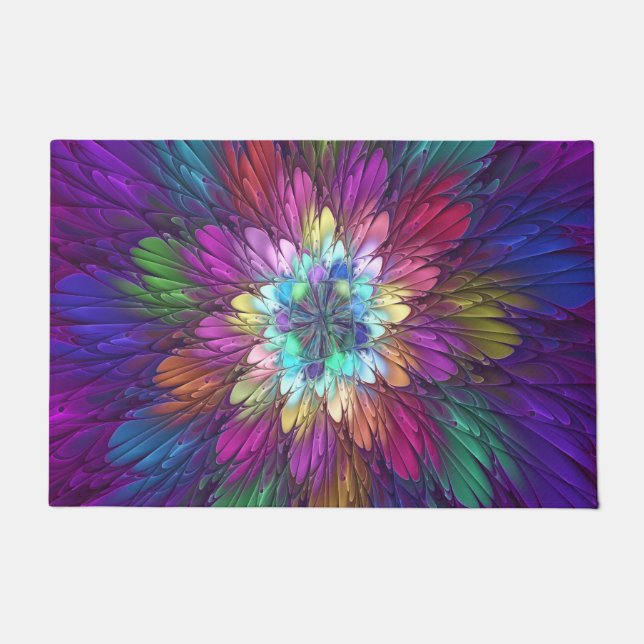 Farbenfrohe Psychedelische Blume Abstraktes Frakta Fußmatte (Vorderseite)