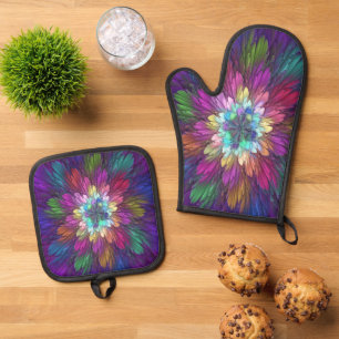 Farbenfrohe Psychedelische Blume Abstraktes Frakta Ofenhandschuh & Topflappen-Set