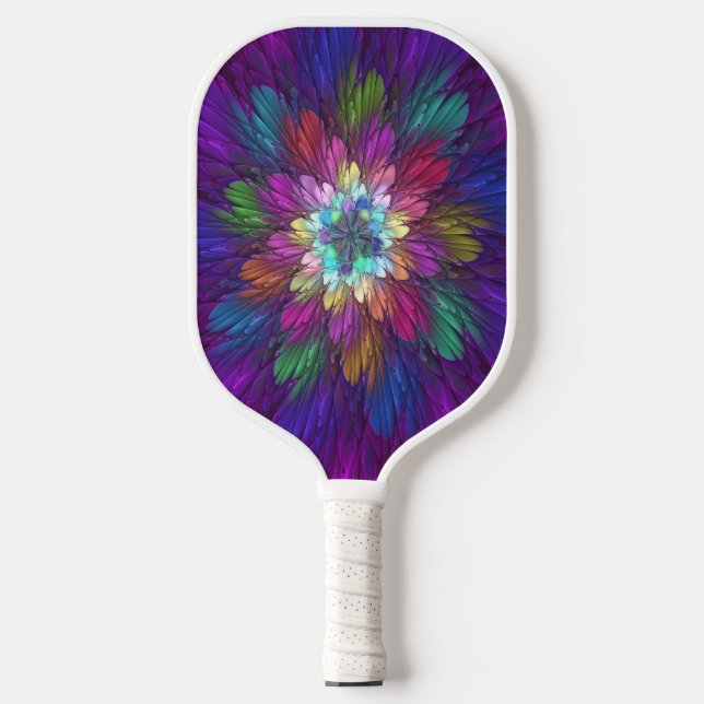 Farbenfrohe Psychedelische Blume Abstraktes Frakta Pickleball Schläger (Vorderseite)