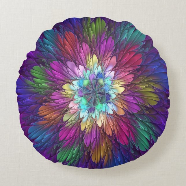 Farbenfrohe Psychedelische Blume Abstraktes Frakta Rundes Kissen (Vorderseite)