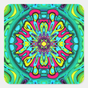 Farbenfrohe psychedelische Blume abstraktes Muster Quadratischer Aufkleber