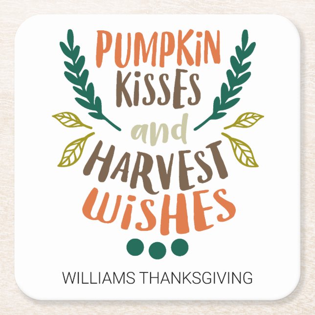 Farbenfrohe Pumpkin Kisses Personalisierter Ernted Rechteckiger Pappuntersetzer (Vorderseite)