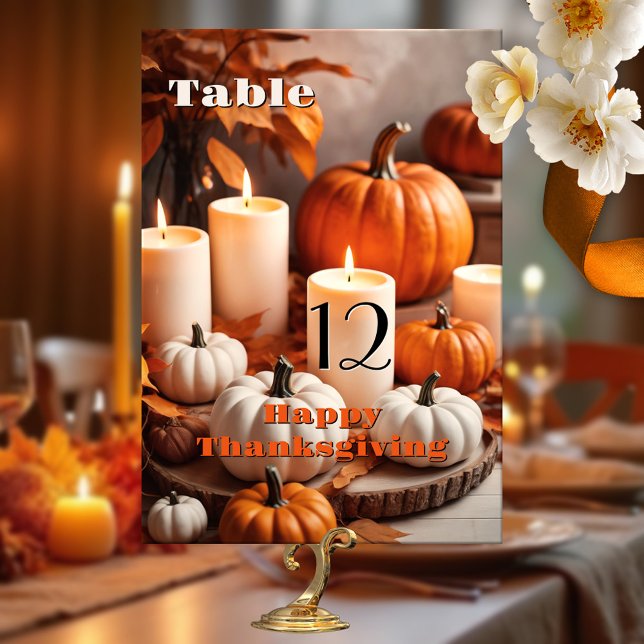 Farbenfrohe Pumpkins Erntedank Dinner Tischnummer (Table number card featuring a colorful scene with pumpkins and candles - Thanksgiving or birthday)