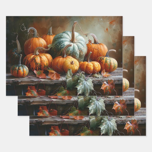 Farbenfrohe Pumpkins und Blätter Vintage Decoupage (Set)