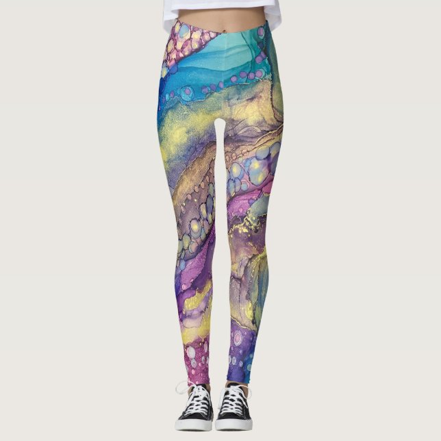 Farbenfrohe Punkte Alkohol Tinte Abstrakte Kunst Leggings (Vorderseite)