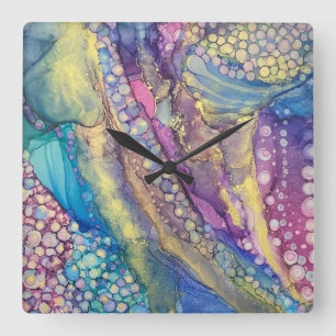Farbenfrohe Punkte Alkohol Tinte Abstrakte Kunst Quadratische Wanduhr