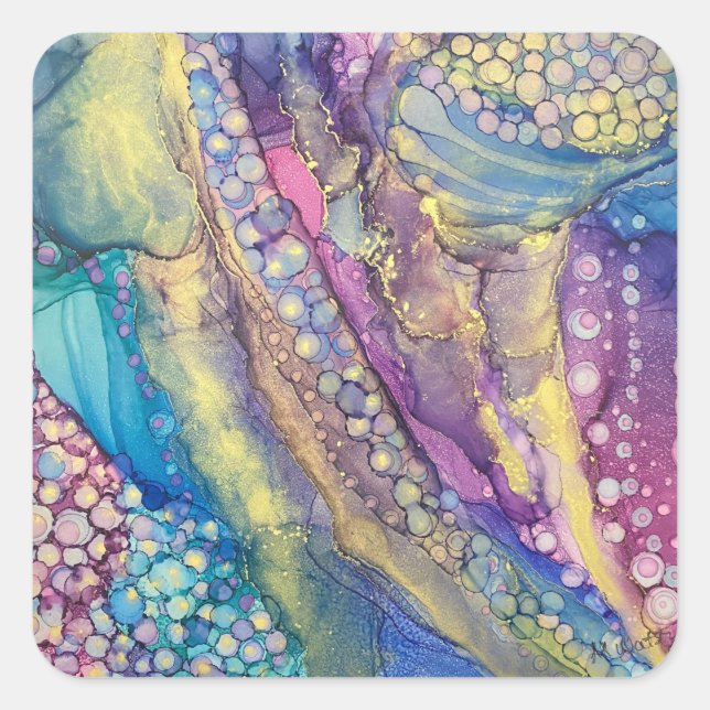 Farbenfrohe Punkte Alkohol Tinte Abstrakte Kunst Quadratischer Aufkleber (Vorderseite)
