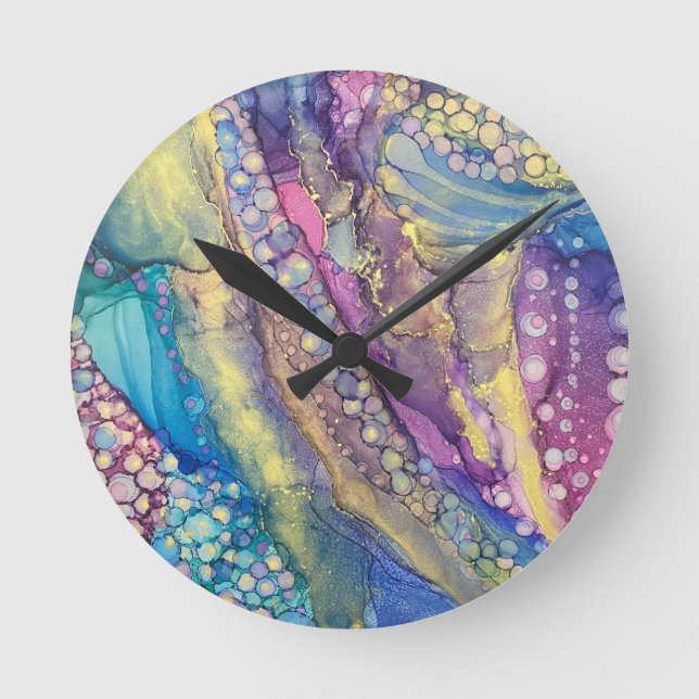 Farbenfrohe Punkte Alkohol Tinte Abstrakte Kunst Runde Wanduhr (Vorderseite)