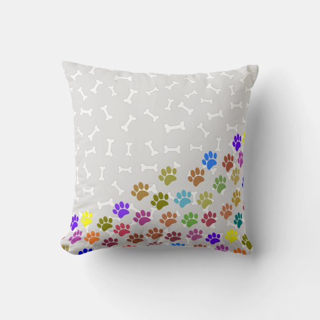 Farbenfrohe Puppy-Paw-Prints und Knochen leicht gr Kissen (Vorderseite)