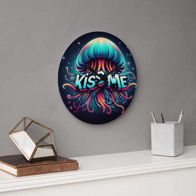 Farbenfrohe Qualle-Illustration mit Kuss-Me-Text Große Wanduhr (Büro)