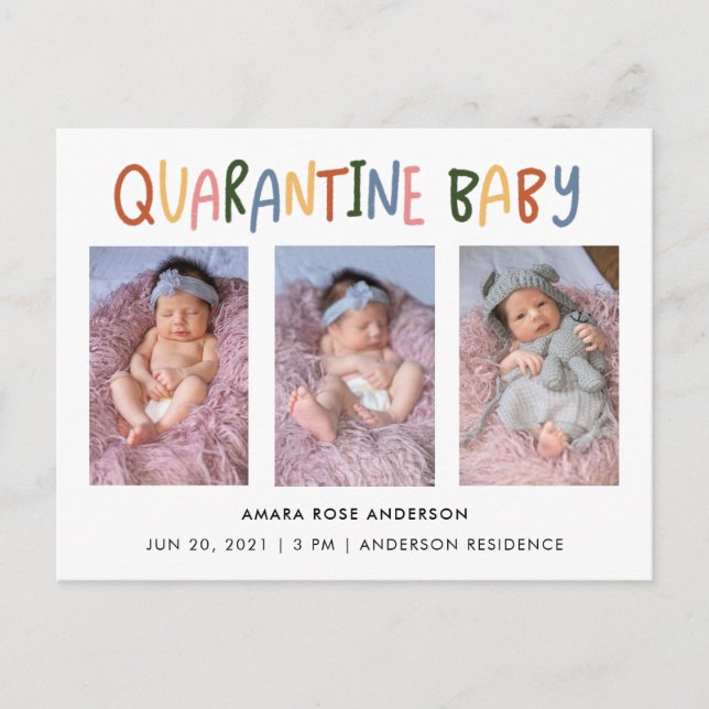 Farbenfrohe Quarantäne Baby 3 Foto Birth Einladungspostkarte (Vorderseite)
