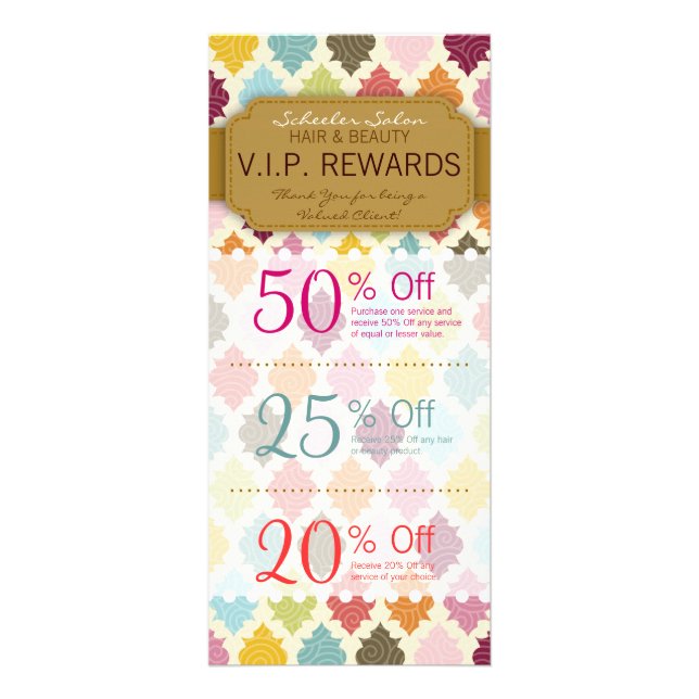 Farbenfrohe Quatrefolie Custom Salon Coupons Speci Werbekarte (Vorne)