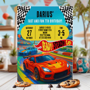 Farbenfrohe Race Car Geburtstagsparty Einladung