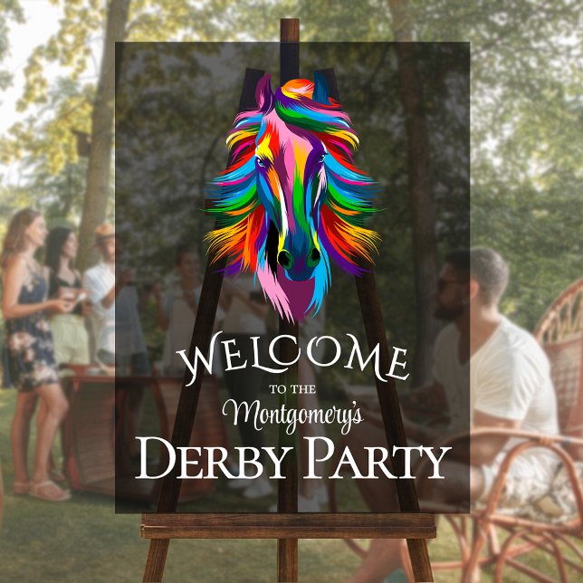 Farbenfrohe Racehorse Derby Party Willkommen Acrylschild (Colorful racehorse on black derby party personalized acrylic welcome sign)