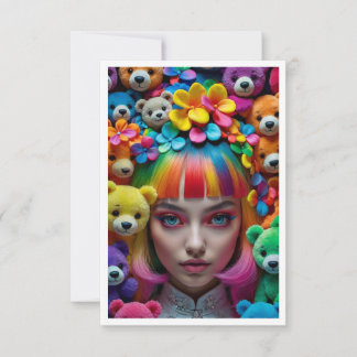 Farbenfrohe Rainbow-Anime-Girl mit Blume und Bären Dankeskarte