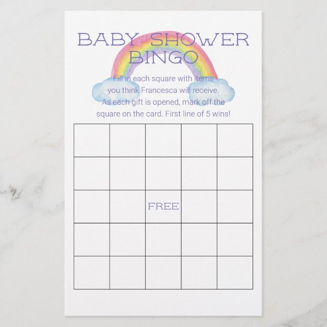 Farbenfrohe Rainbow Baby Dusche Bingo Game Card Flyer (Vorne)