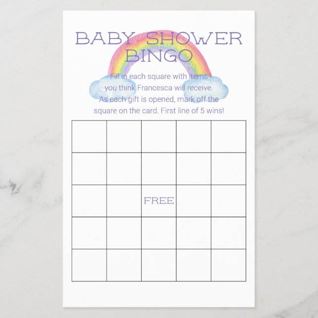 Farbenfrohe Rainbow Baby Dusche Bingo Game Card Flyer (Vorne)
