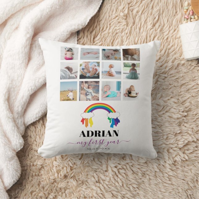 Farbenfrohe Rainbow Baby First Year Foto Collage Kissen (Decke)