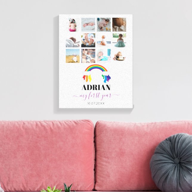 Farbenfrohe Rainbow Baby First Year Foto Collage Leinwanddruck (Insitu (Wohnzimmer))