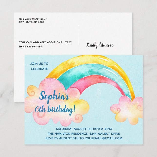 Farbenfrohe Rainbow Birthday Party Einladung Postkarte (Vorne/Hinten)
