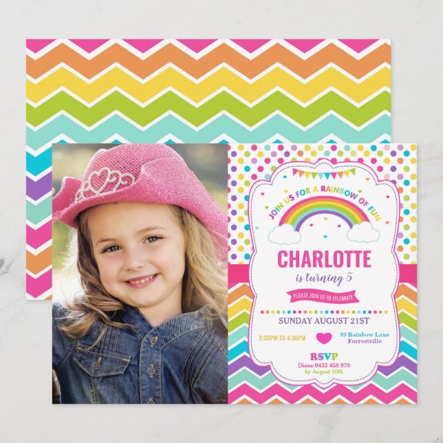 Farbenfrohe Rainbow Birthday Party Foto Einladung (Vorne/Hinten)