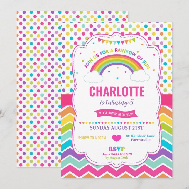 Farbenfrohe Rainbow Birthday Party Girl Einladung (Vorne/Hinten)