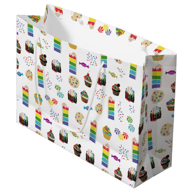 Farbenfrohe Rainbow Cake Desserts & Sprinkles Must Große Geschenktüte (Vorderseite Schrägansicht)