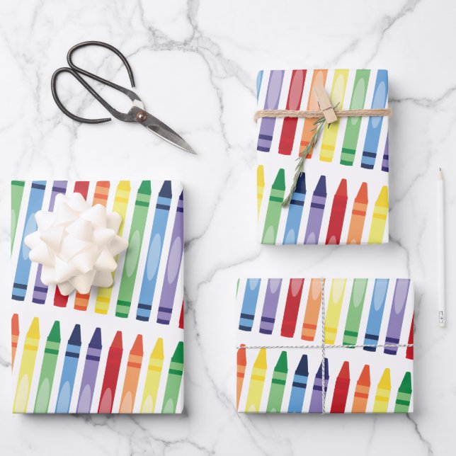 Farbenfrohe Rainbow Crayons Muster Geschenkpapier Set (Vorderseite)