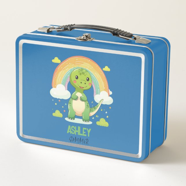 Farbenfrohe Rainbow-Dino mit Kindernamen Metall Brotdose (Vorderseite)
